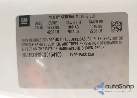 2016 Chevrolet Camaro 2Lt из США, поврежденный, VIN 1G1FD1RS9G0154105